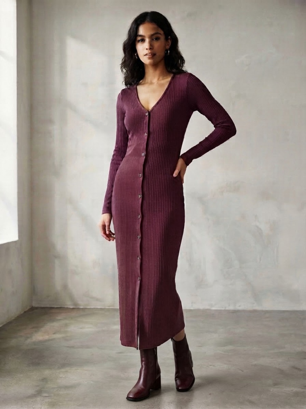Old Navy Ribbed Button-Front Midi Dress in Plum